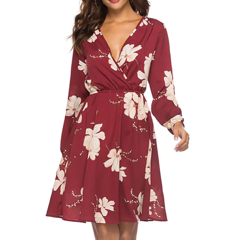 Женское шифоновое платье с длинным рукавом цветочным принтом и глубоким