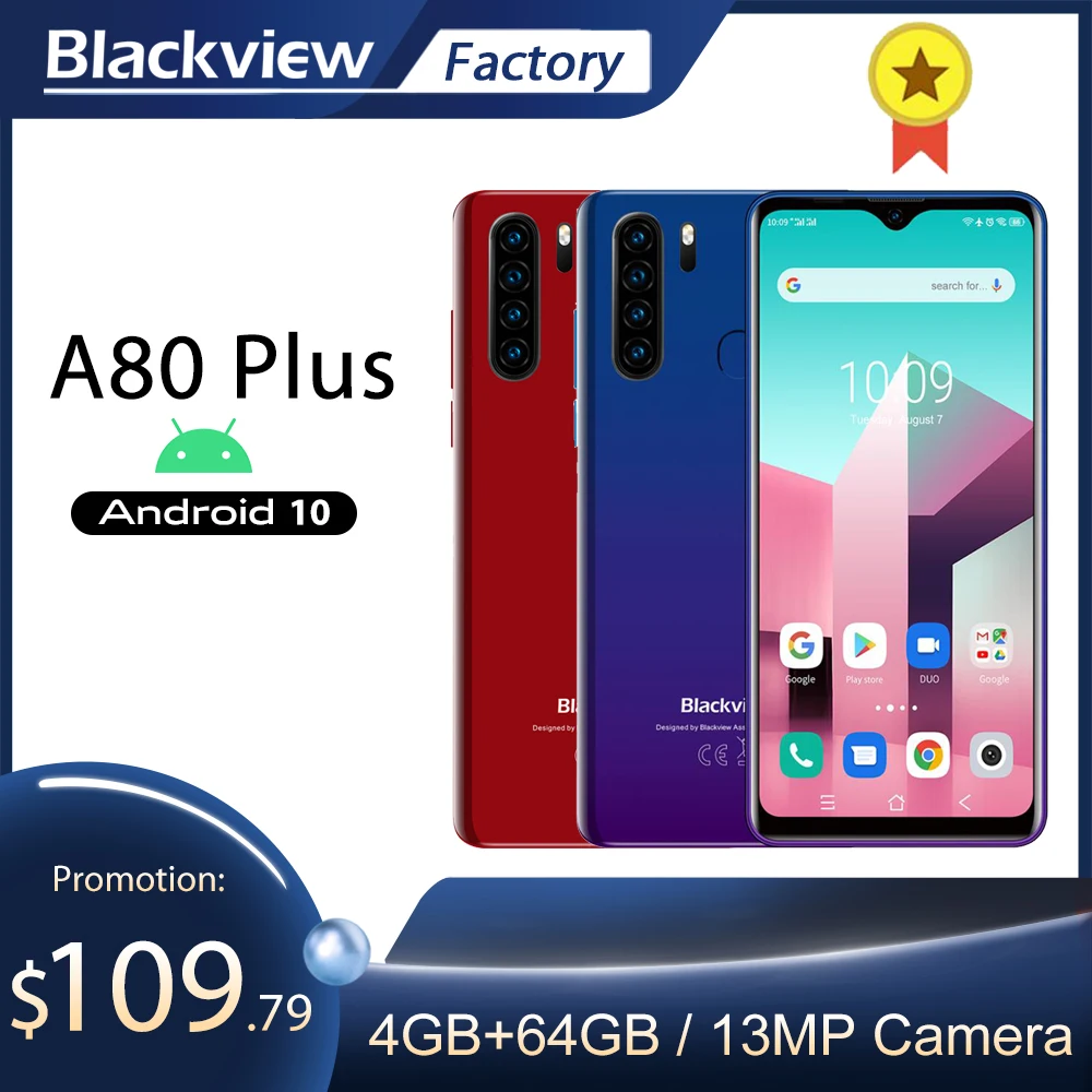 Blackview A80 плюс 4 Гб + 64 смартфон на базе восьмиядерного процессора 6 49 ''HD Экран Quad