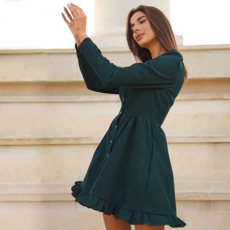 

Женское винтажное платье-трапеция, однотонное ТРАПЕЦИЕВИДНОЕ ПЛАТЬЕ С пуговицами спереди, с длинным рукавом, V-образным вырезом, зима 2021