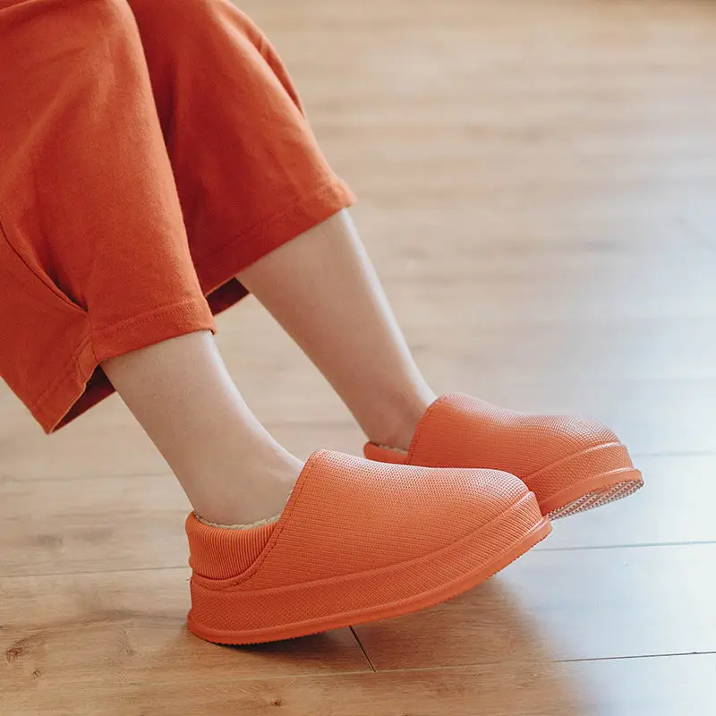

WEH Winter slippers men waterproof home warm indoor outdoor leather bag with cotton shoes non-slip slides room slippers shoes