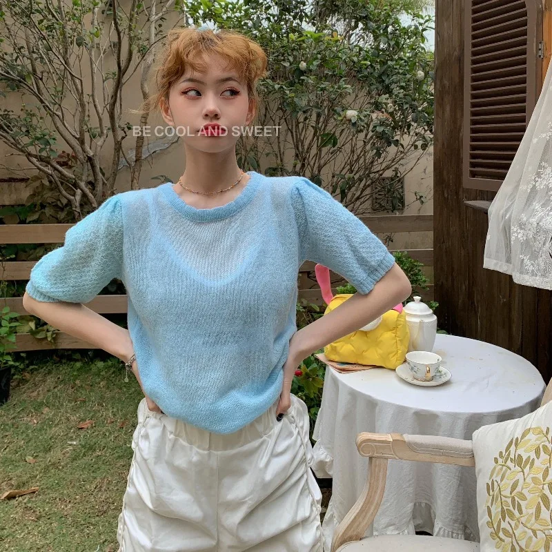 

Women's Short-Sleeved Sweater Summer Korean Style Loose-Fitting Versatile Outerwear Thin Shirt Retro Hong Kong Style Chic Short