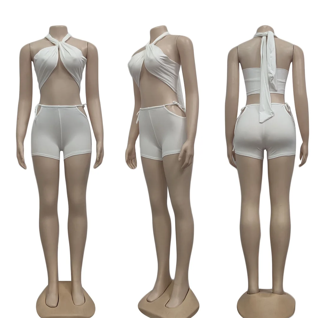 

European and American women's clothing summer new solid color halter sexy bag hip two-piece suit