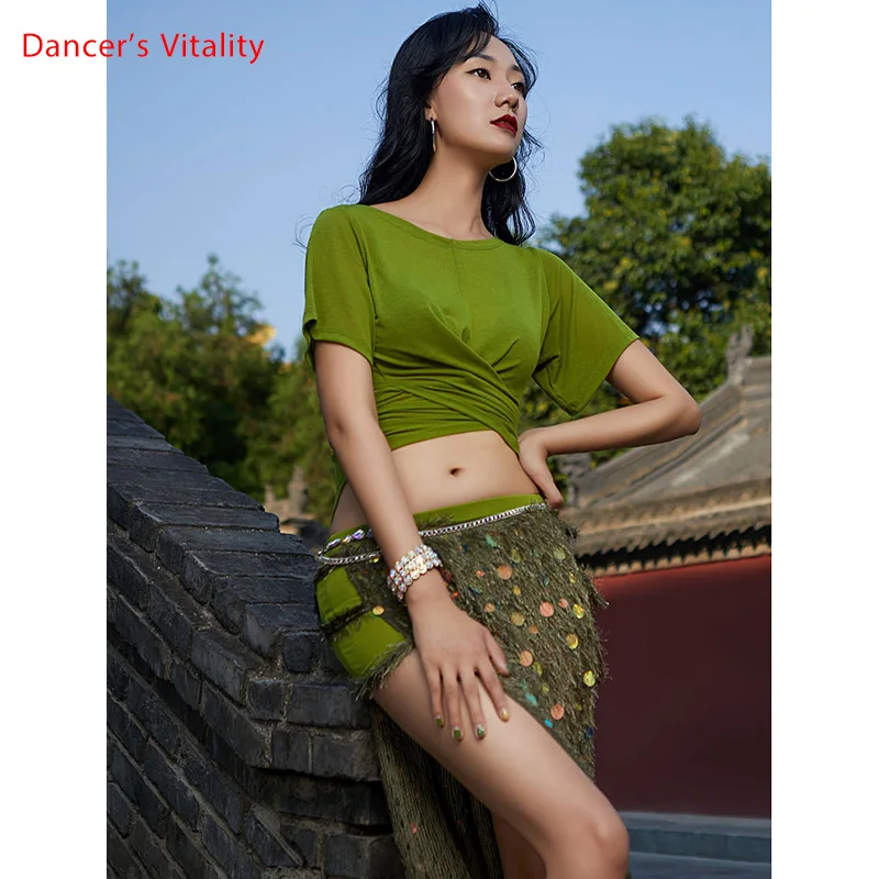 

New Arrival Shine Korea Mesh Fabric Loose Women Team Dance Practice Wear Oriental Dance Show Clothes Sequin Long Skirt S M L