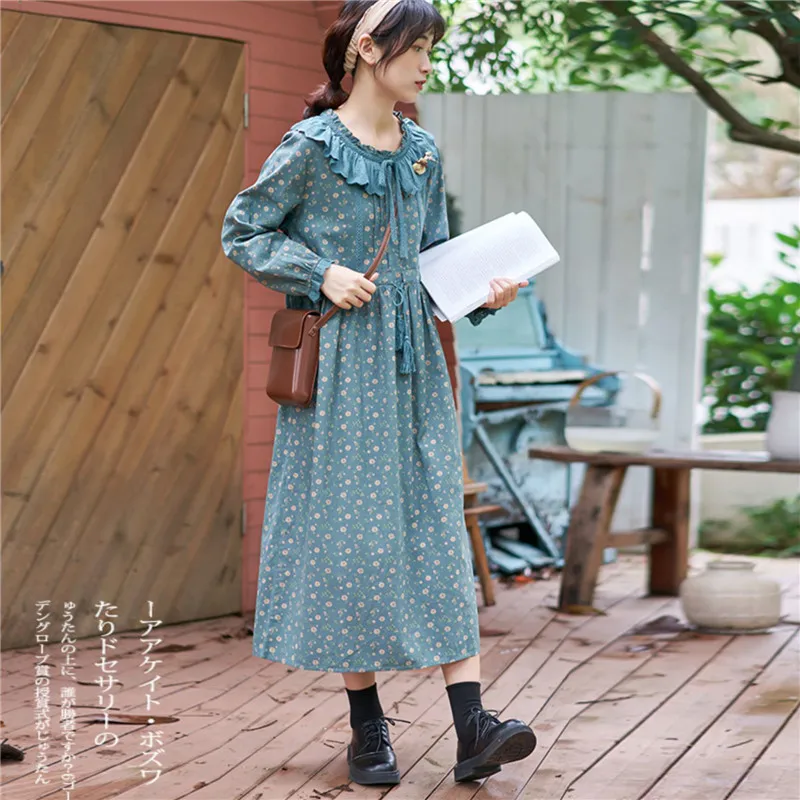 

Johnature Japanese Mori Loose Floral Print Cotton Linen Dress Women 2021 Autumn New Ruffles Embroidery Pockets Dresses