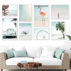 Настенная картина с изображением фламинго, пляжа, пальмы, серфинга, автомобиля, океана, постеры и принты на холсте в скандинавском стиле, настенные картины для декора гостиной