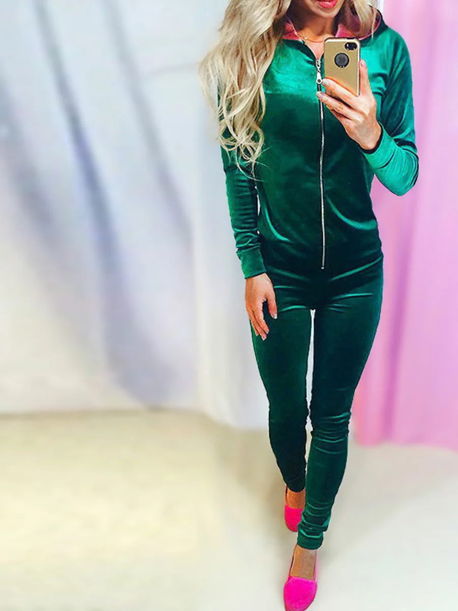 

Donsignet Women's Suit Fashion Spring Hooded Collar Pullover Pure Gold Velvet Zipper Long-sleeved Slim Suit Regular Polyester