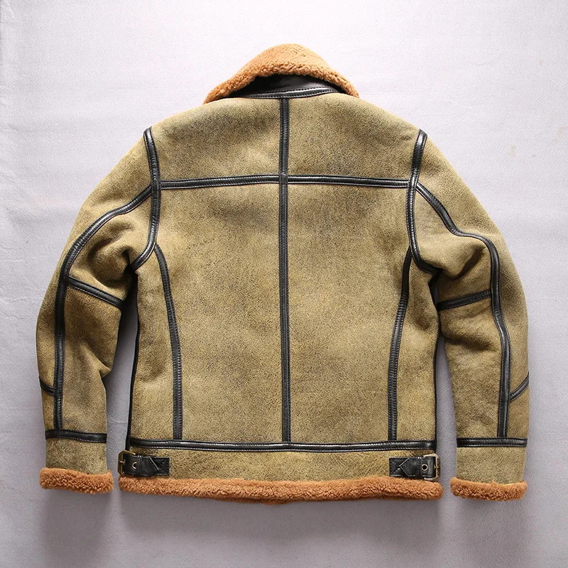 

New Factory 2021 Men Shearling Flight Fashion Leather Pocket Wool Liner Sheepskin Jacket Cold Winter Pilot Russia Coats