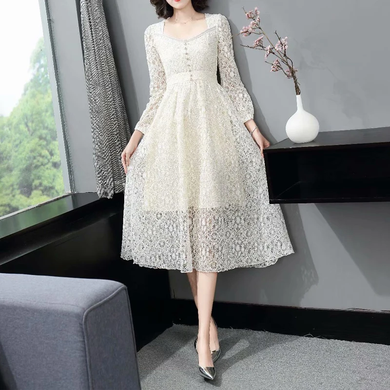 

Fashion Spring New Runway Women'S Party Slimming Vintage Elegant Button Decoration Long Sleeve Lace Midi Dress