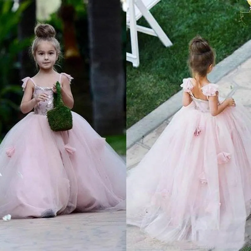 flower girls dresses for party and wedding Pink Spaghteei Strapless Sequined And Flowers Dercation Lovely Bespoke Sweep Train | Свадьбы и