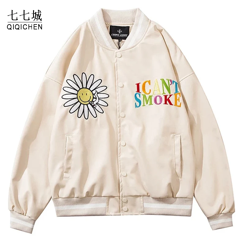 Уличная куртка из искусственной кожи для мужчин и женщин с аппликацией вышивкой