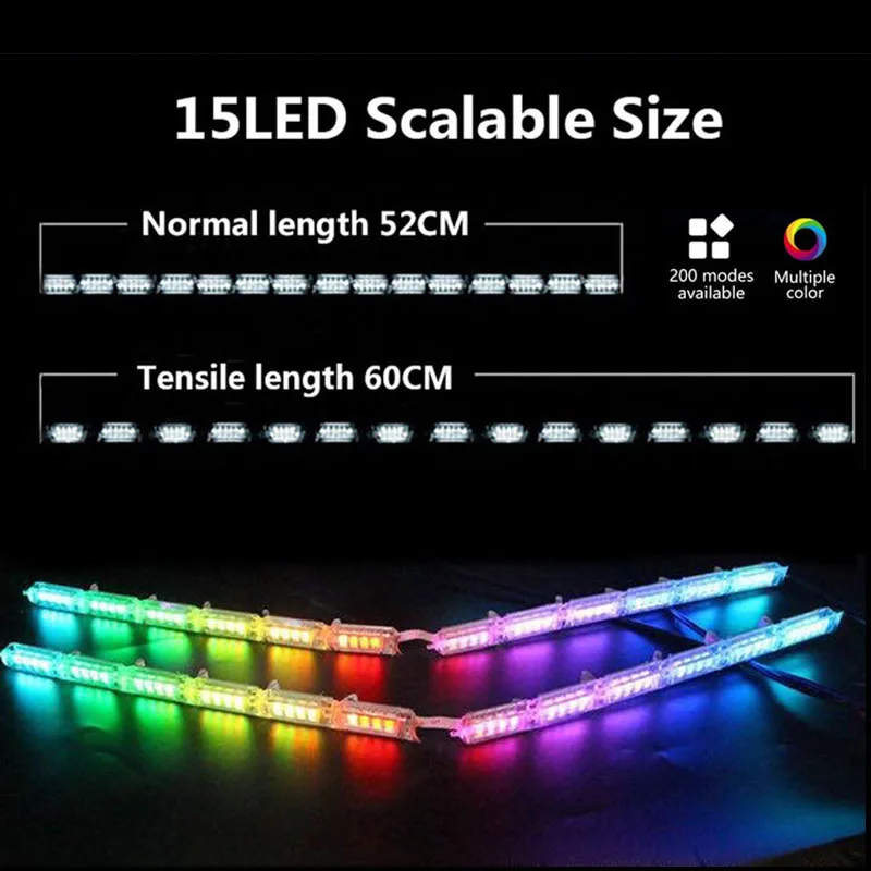 2pcs New RGB LED DRL Daytime Running Lights Sequential Flow Style Turn Signal Waterproof Knight Rider Strip Light with control