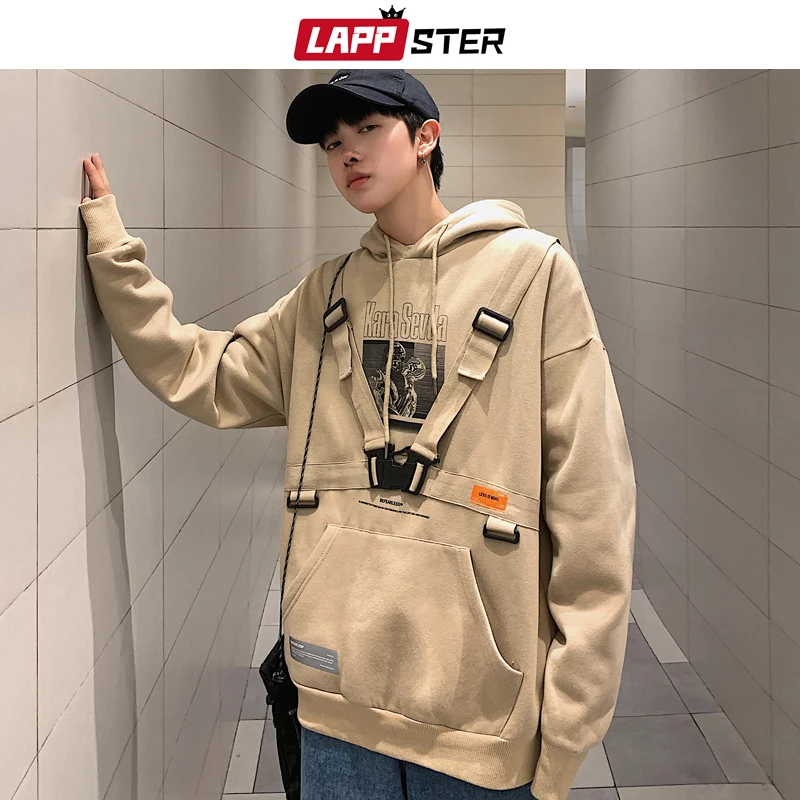 LAPPSTER, мужские толстовки Harajuku с лентами,, Мужская негабаритная Японская уличная одежда, хип-хоп толстовки, корейская мода, худи с капюшоном
