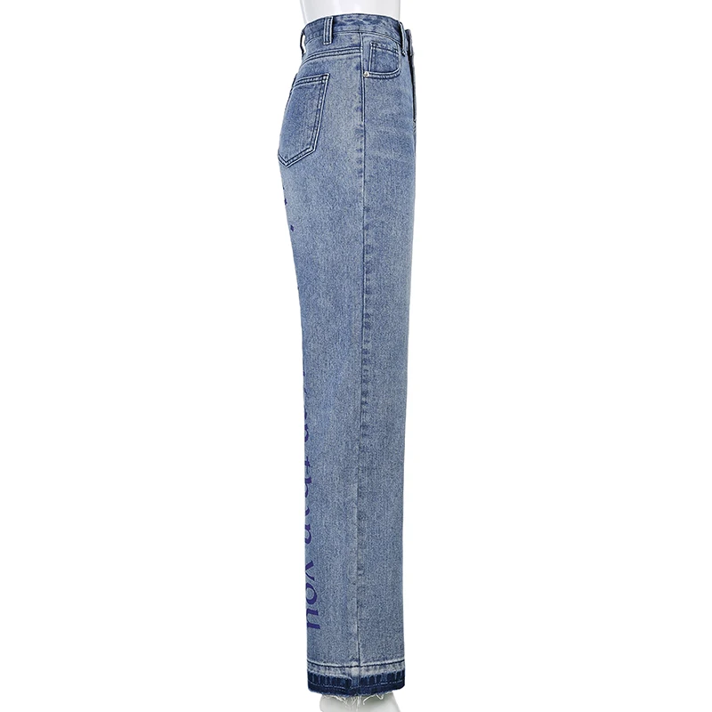 

Letter Print Blue Wide Leg Jeans Women High Waist Jeans Boyfriends Ladies Denim Pants Girls Wide Jeans Light Wash Fashion 2021