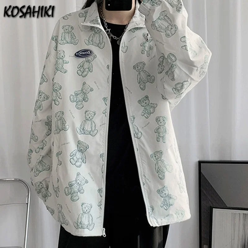 

KOSAHIKI Sun Protection Clothing Bear Print Jacket 2021 Summer Thin Loose Coat Harajuku Streetwear Chaquetas Para Mujer
