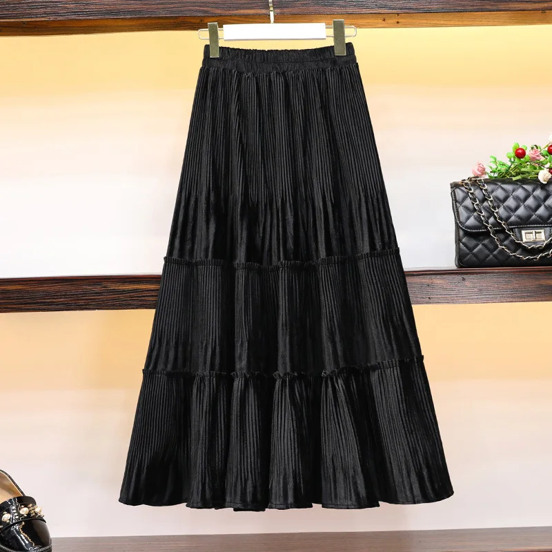 

Pleated Skirt Women Retro Casual Chiffon Long Skirt Elastic High Waist Skirt Women Patchwork Trapezoidal Skirt