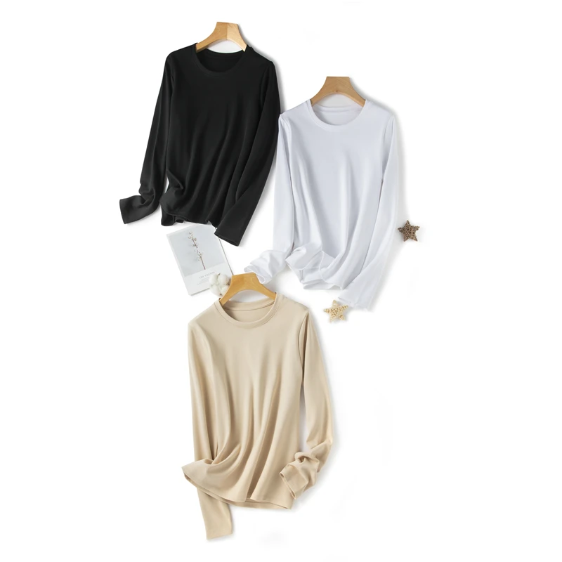 

New spring and summer solid color long-sleeved women's T-shirt high-quality cotton O-neck casual loose shirt tops T-shirt ladies