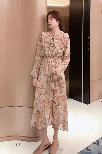 

Harajuku Style Women Spring Vingate Elegant O Neck Print Dress Casual Female Floral Fashion Sexy Chiffon Party Dresses Vestidos