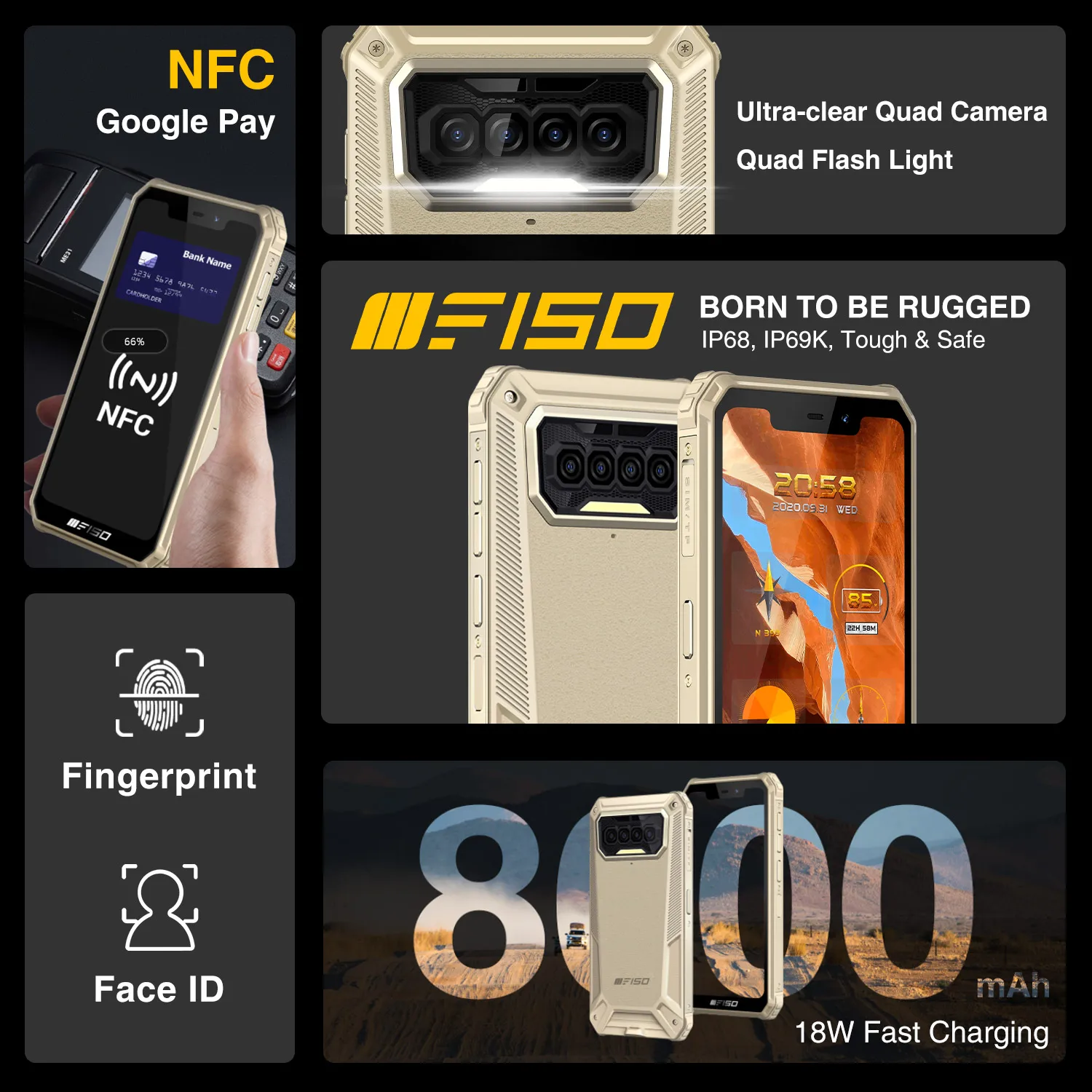 f150 b2021 nfc ip68 waterproof rugged smartphone 13mp quad cameras 5 86 6gb64gb 8000mah android 10 0 octa core mobile phone free global shipping