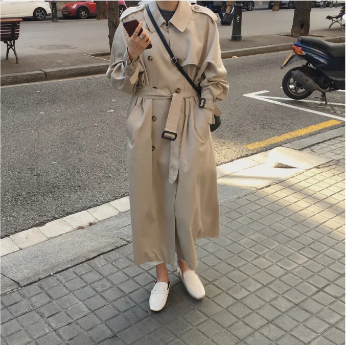 

British Double Breasted Oversized Long Trench Coat Women Windbreaker Fashion Female Turn-down Collar Long Overcoats