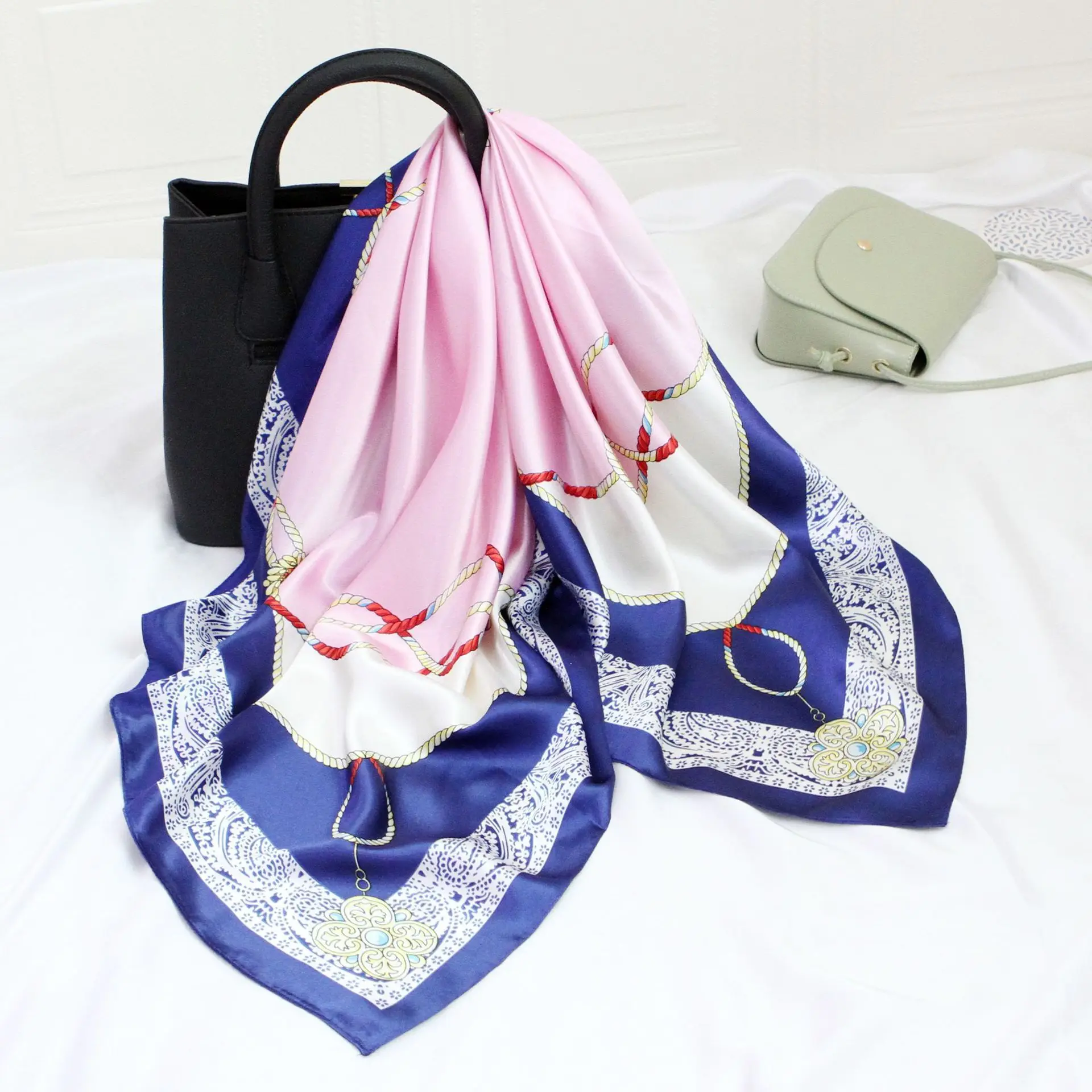 Модный шарф для волос для женщин Керчиф Печать шелка атласа хиджаб шарфы 90см*90см Квадратные платки носовые платки Шарфы для дам.