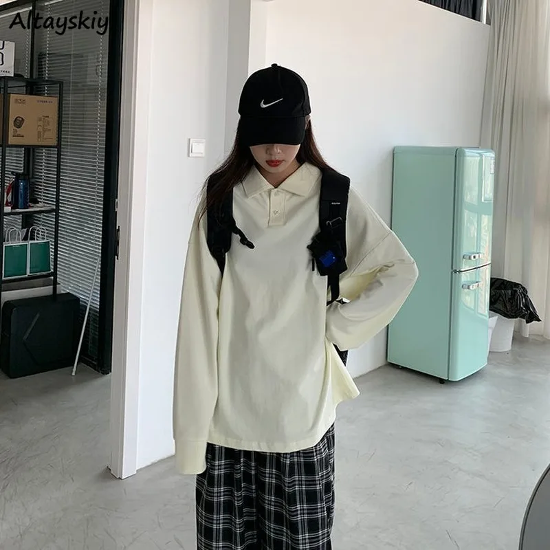 

Футболки женские свободные однотонные повседневные Простые универсальные в стиле ретро с отложным воротником в Корейском стиле осенние ра...