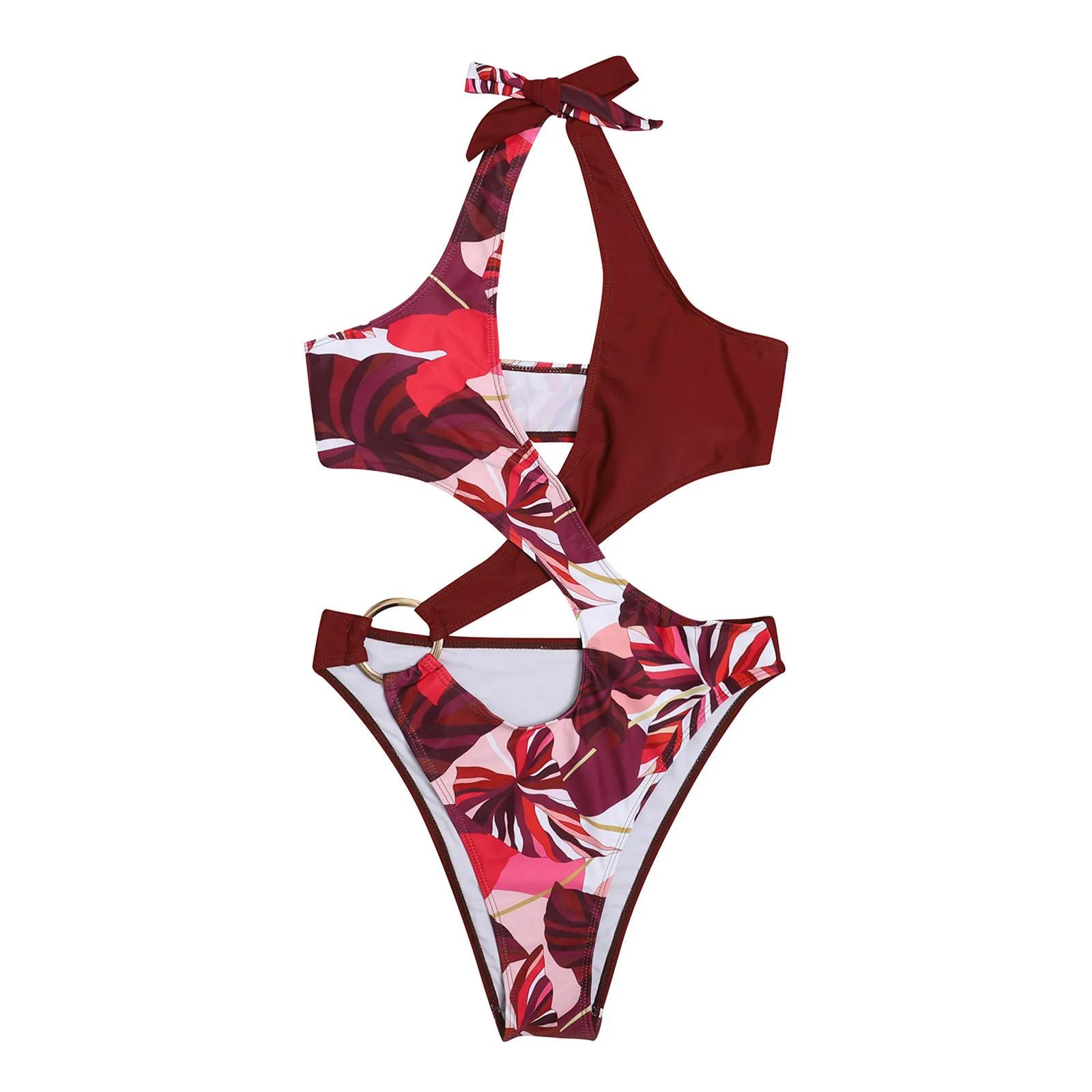 

Ladies fashion sexy camisole camisole printing stitching one-piece swimsuit women's printing halter strap stitching bikini