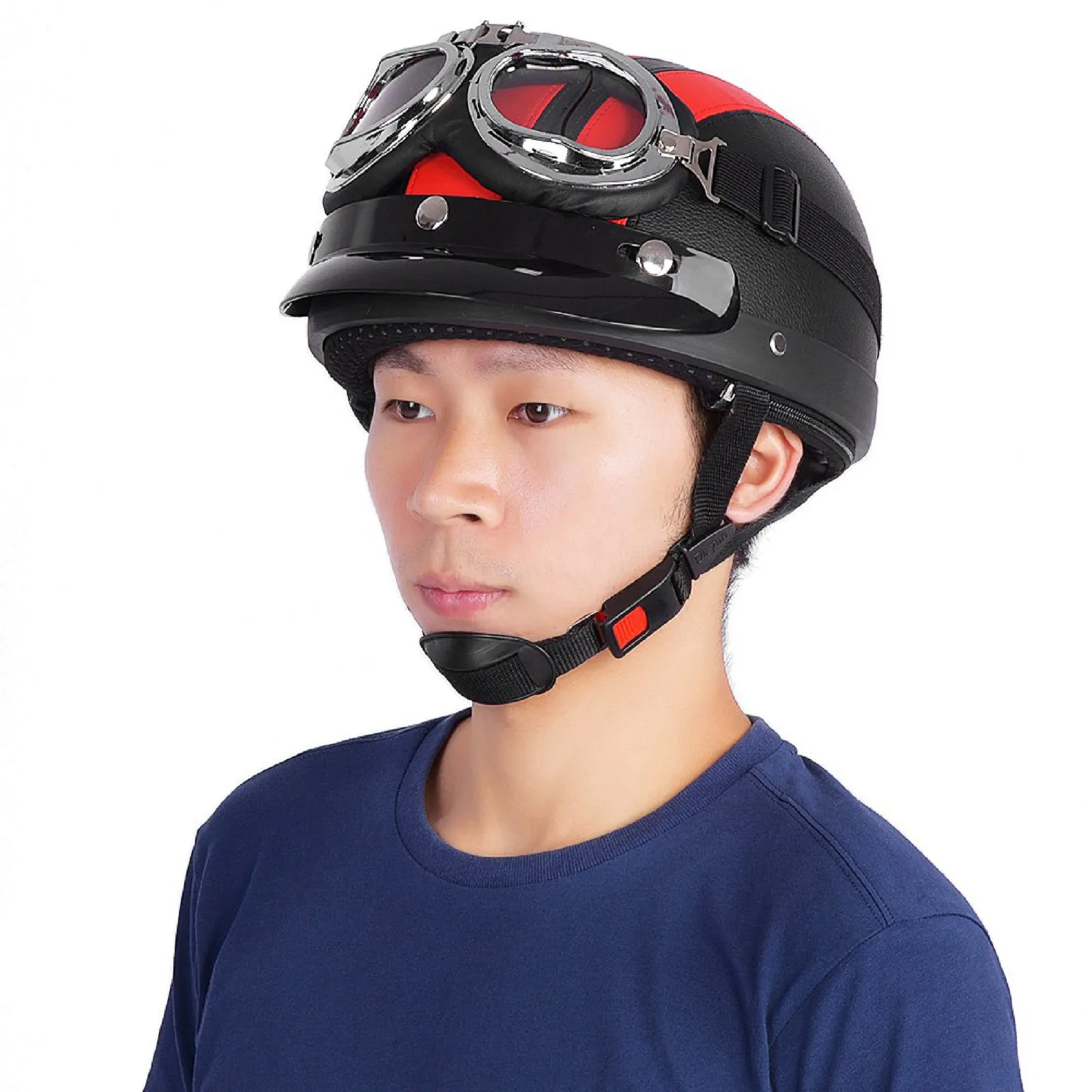 

Universal Motorcycle Scooter Synthetic Leather Open Face Half Helmet & Visor UV Goggles Red Built-In Soft Lining Fabric