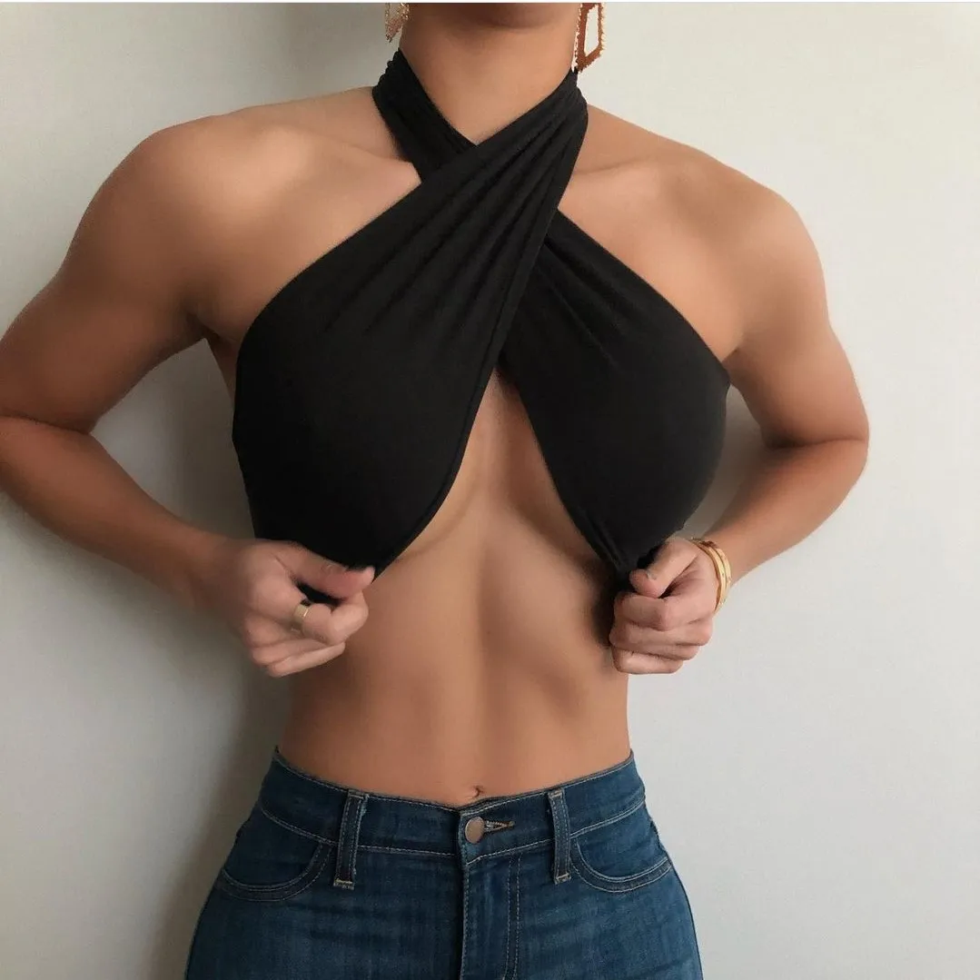 

Chic Halter Summer Women Crop Tops Sexy Solid Bandage Hole Backless Hollow Out Clubwear Tanks WX303