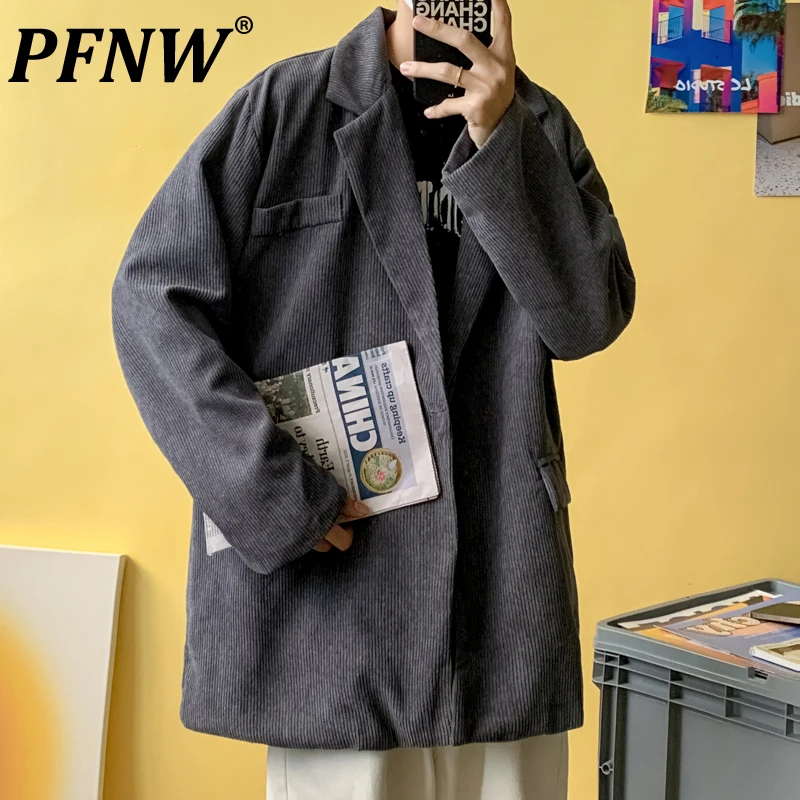 

PFNW 2021 New Lapel Corduroy Green Suit Coat Men's Loose High Street Casual Handsome Jacket Korean All-match Cozy Blazers 2X1195