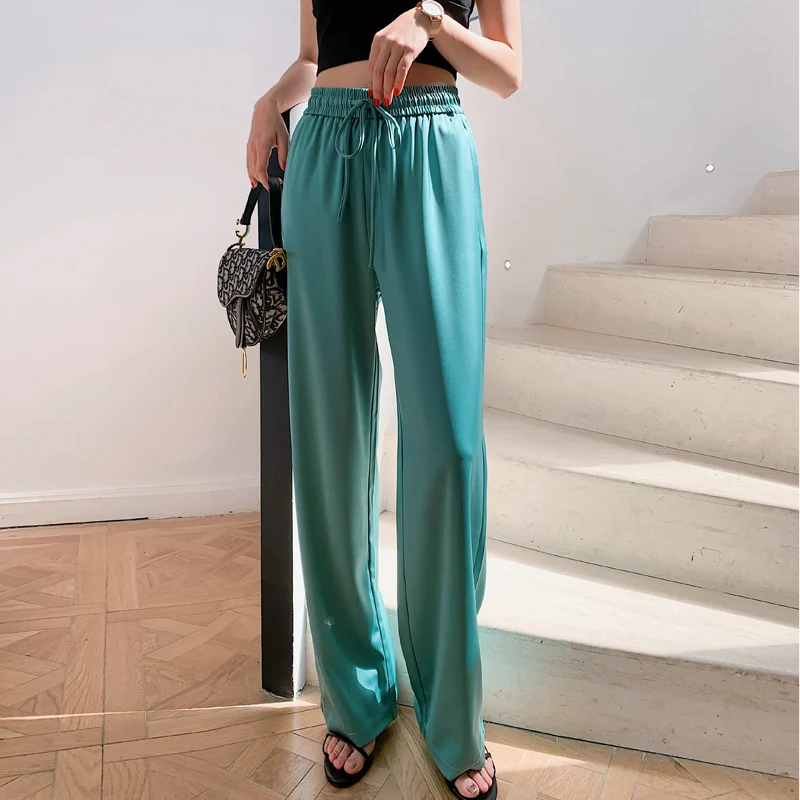 

Plus Size Summer Satin Wide Leg Pants Women Elastic Waist Loose Smooth Black Solid Trousers Y2K Female Simple Thin Sweatpants