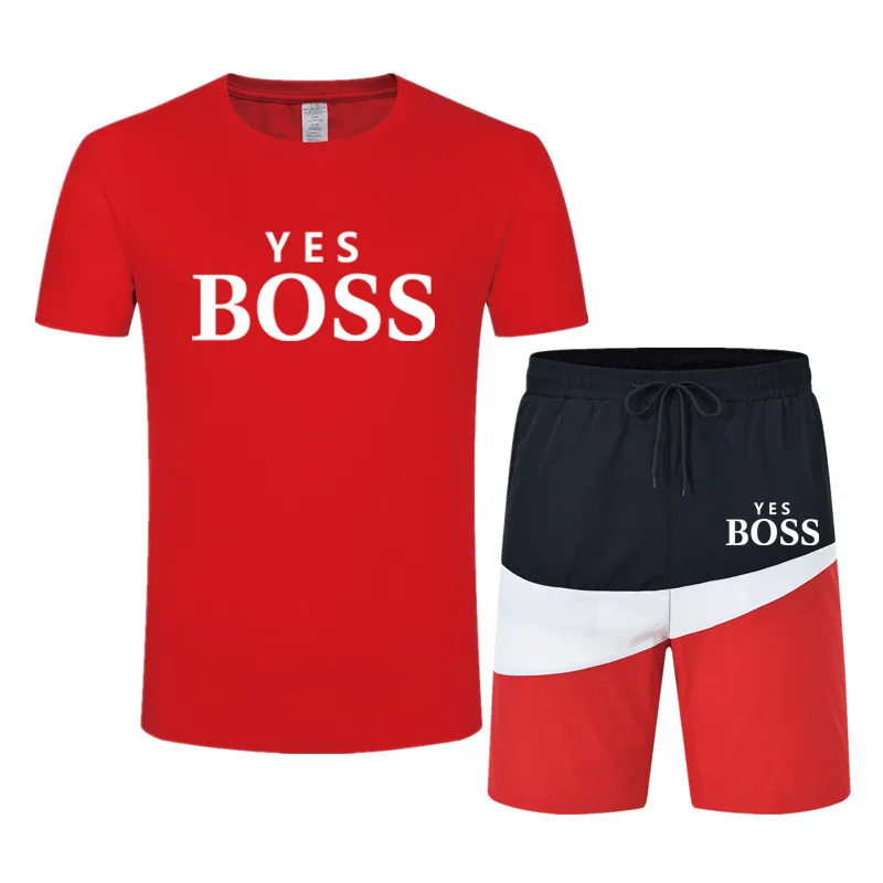 

2021 New Brand YES Boss Print Casual Sportswear Men's Two Sweatshirts Cotton T Shirt + Contrasting Color Shorts Western Suit