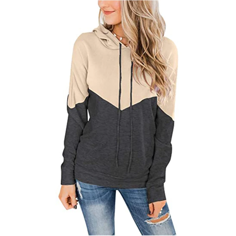 

Patchwork Women Hoodies Autumn Casual Long Sleeve Hoodied Loose Pullover Fashion Drawstring Ladies Sweatshirt
