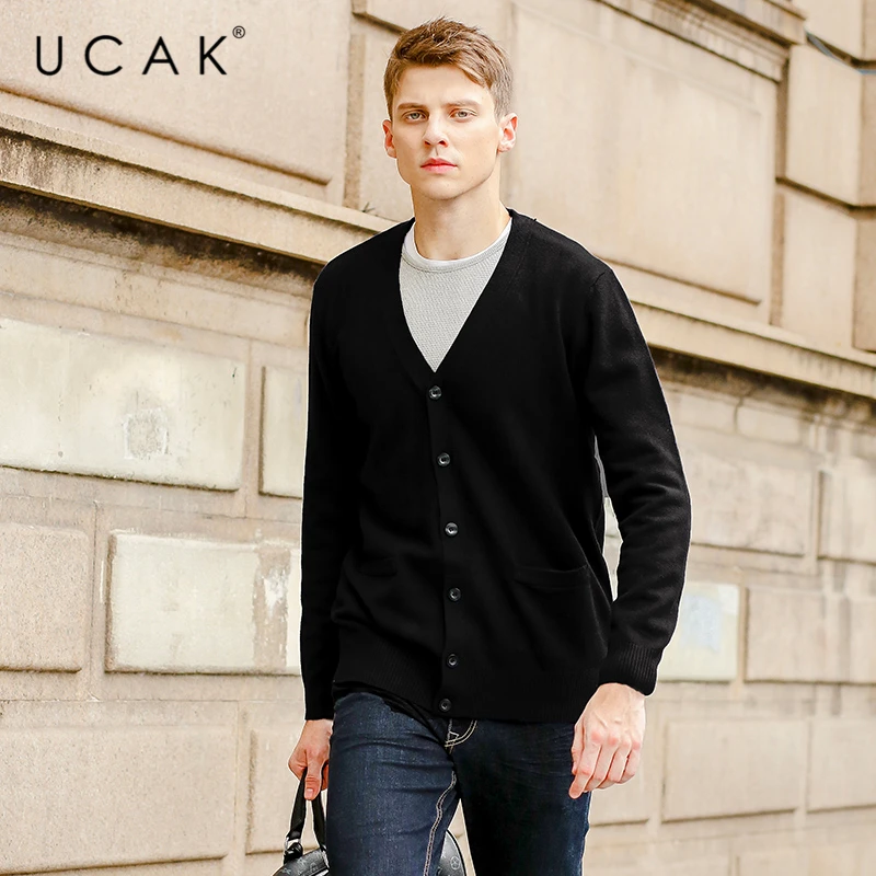 

UCAK брендовый мужской вязаный свитер, однотонный кардиган, Мужская одежда, повседневный приталенный модный теплый мужской свитер U1218