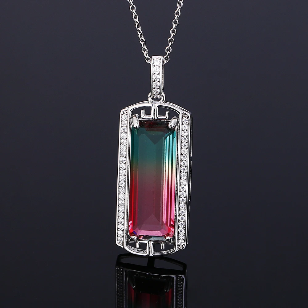 

FCGJHW Hot Sale Fashion Pendant Necklace Large Rectangular 10 * 26MM Color Tourmaline Zircon Pendant Necklace Party Anniversary