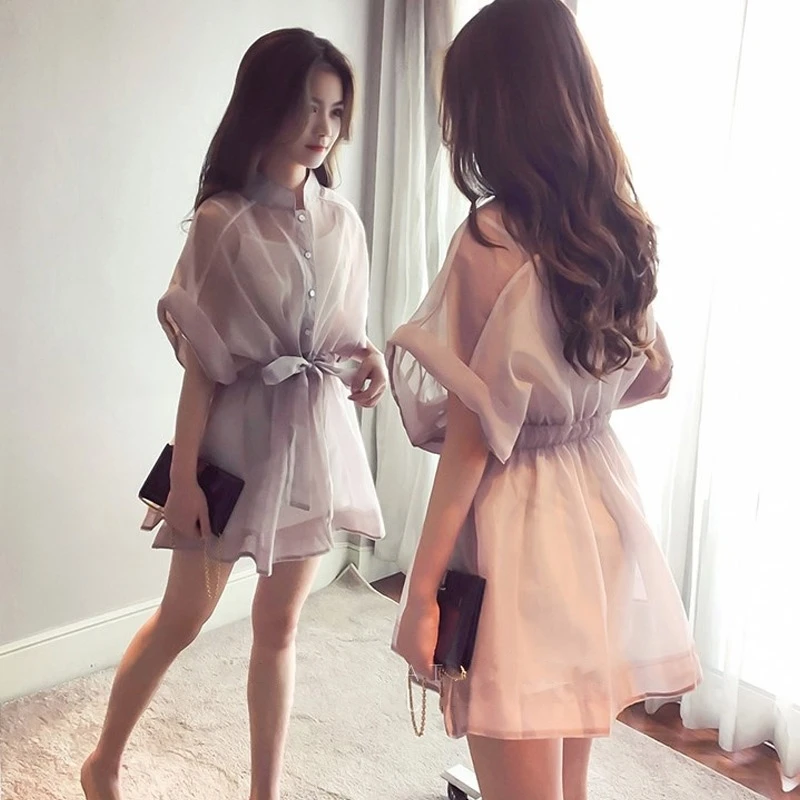 

Summer Two-piece Set Mini Dress Women Korean Short Sleeve Stand Organza Belt Single-breasted T-shirt Dresses + Cotton Base Shirt