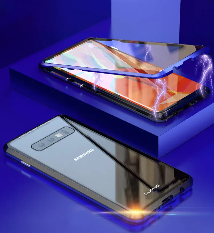 Black Blue Для samsung Galaxy S10 S9 Plus 360 полная защита Магнитный адсорбционный чехол переднее и заднее закаленное стекло Полное покрытие экрана - Цвет: Black Blue
