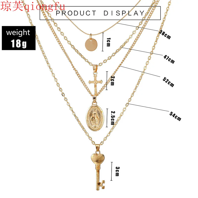 

Qiongfu 2021 new Beach wind wind ins women's multi-layer cross key person head pendant necklace new fashion trend ladies gift