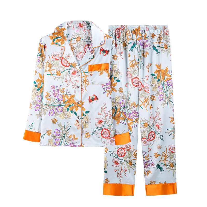 

2020 Women Summer New Style Pajamas Thin Section Silk Printing Long Sleeves Lounge Negligee Sleepwear Home Service Suit Nightie