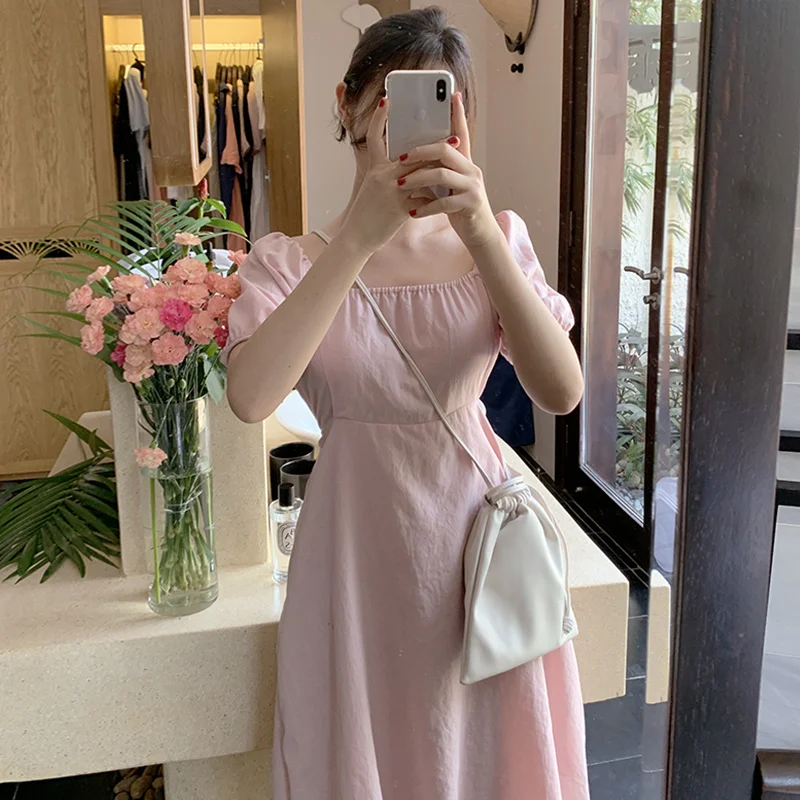 

South Korean Chic Summer Temperament Leaky Collared Collar Slim Waist Lantern Sleeve Dress Little Black Skirt