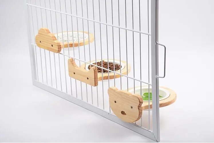 

Cat Dog Bowl Wood Lock Bar Detachable Bracket Food Bowl For Eating And Drinking Cat Rice Dog Cage Hanging Pet Feeding Dish