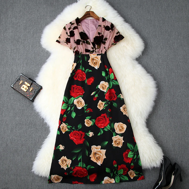 

Short sleeve Package hip dress 2019 new Summer Women ladies V-Neck Patchwork Party Dress Vintage Print sexy long dresses autumn