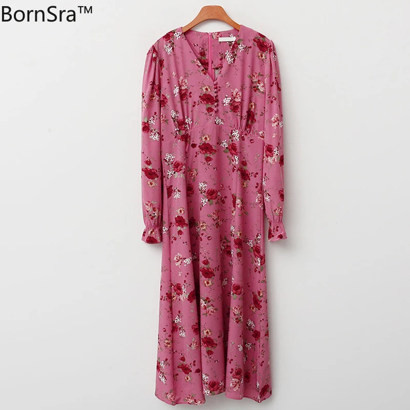 

BornSra Vintage V-neck Full Sleeve Women Dress Floral Print Elegant Long Dress Female High Waist Party Vestidos 2020 Summer