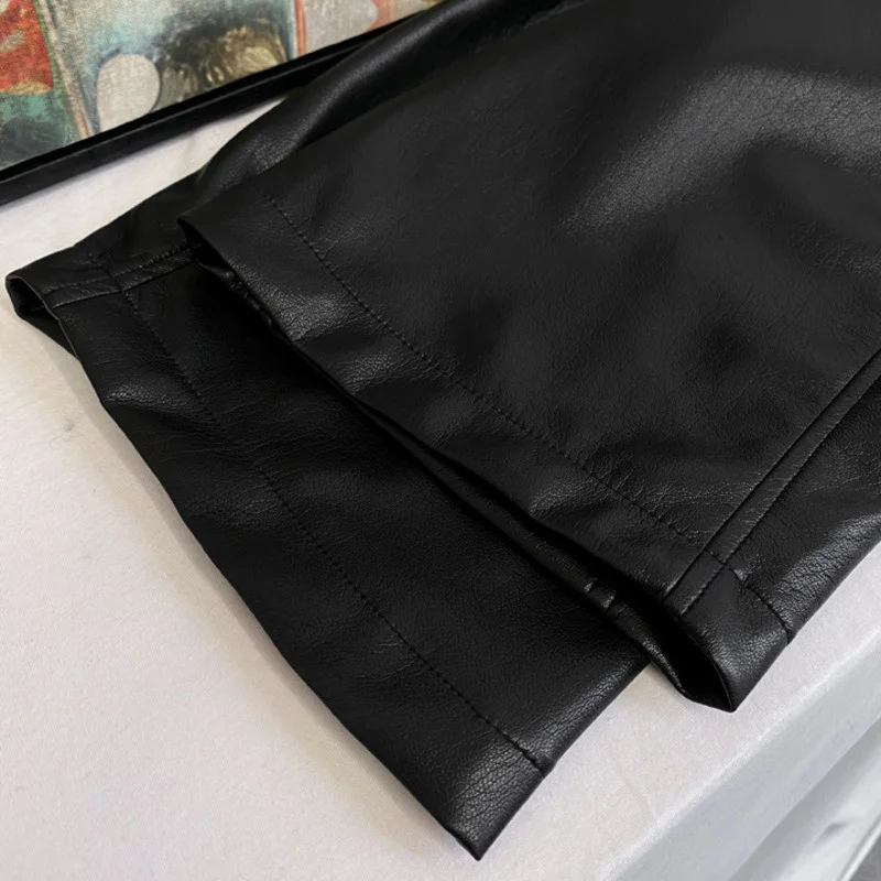 

[DEAT] High Elastic Waist Trousers New Slim Fit Pants Women Black Pockets Drawstring Harem PU leather Summer 2021 7E1028