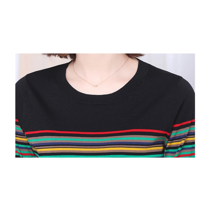 Женский трикотажный свитер в полоску тонкий пуловер с коротким рукавом и круглым