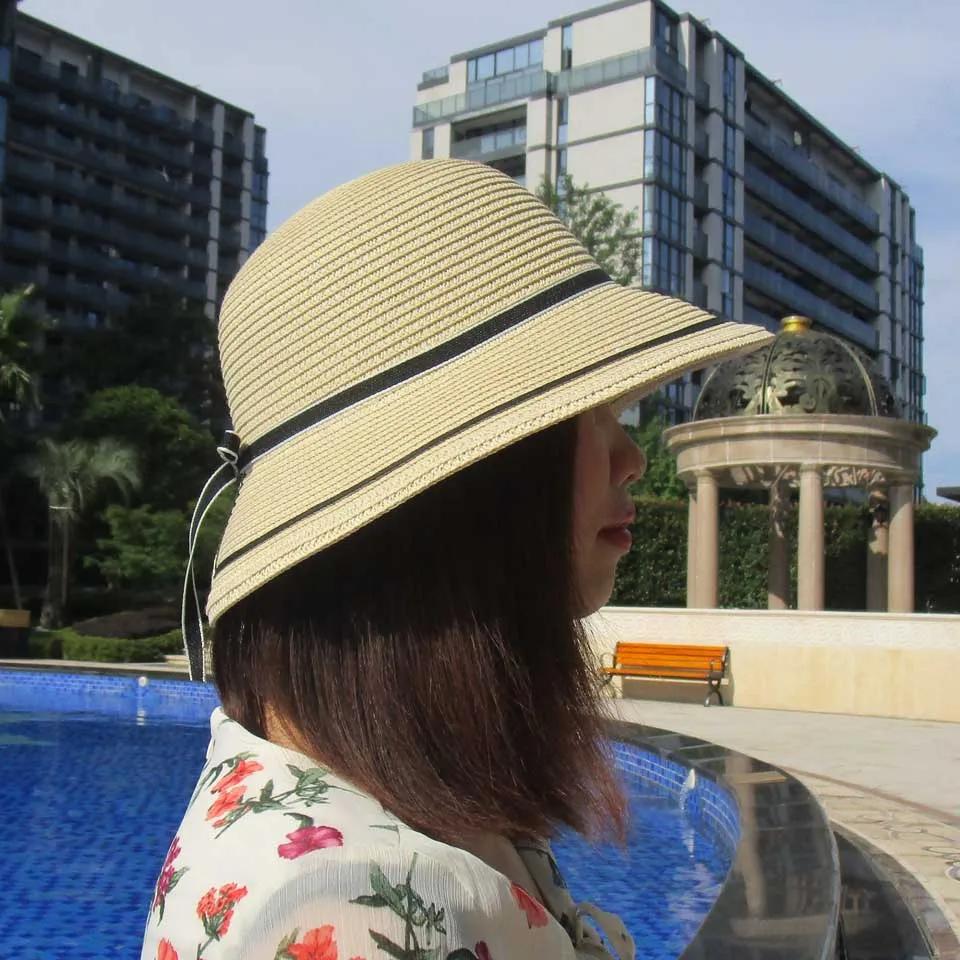 Женская летняя соломенная шляпа с широкими полями черная пляжная бантом и лентой