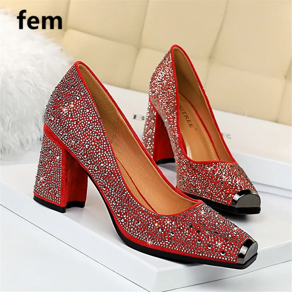 

Heels For Women Crystal Shining Red Dress Work Pumps Shallow Women Shoes Metal Toe Ladies Chunky Heels String Bead Fashion Women