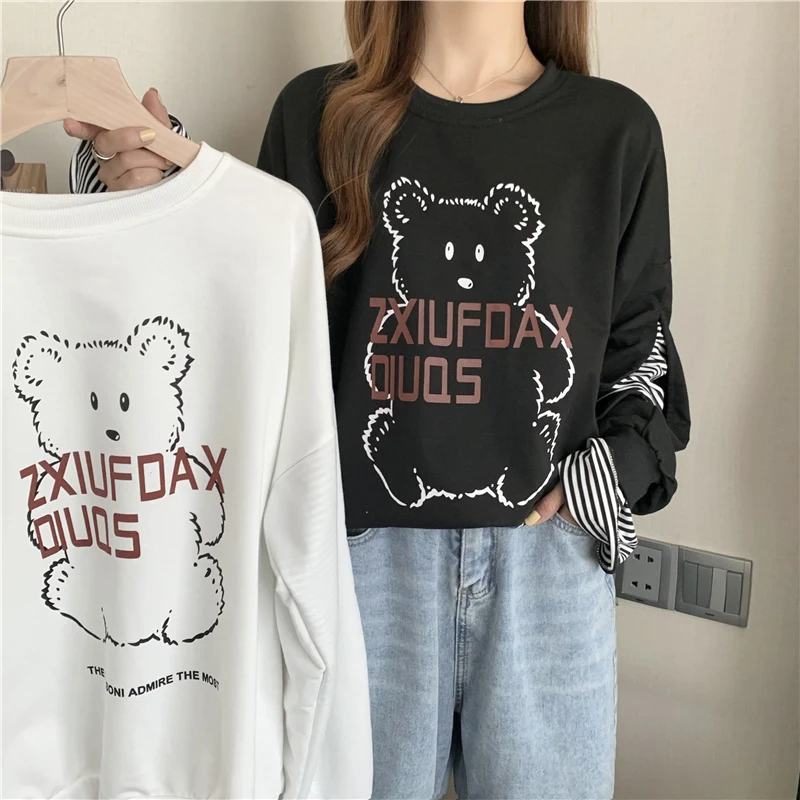 

Осенние толстовки в стиле Харадзюку, уличная одежда, тонкие свитшоты в мультяшную полоску в стиле пэчворк, женский белый черный пуловер с длинным рукавом, одежда для подростков