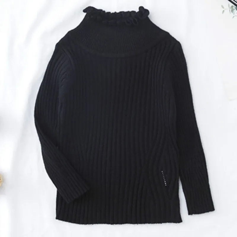 Black Toddler Girl Fitted Rib Knit Ruffled Collar Sweater Children Kids Girl Ribbed Sweater Winter Girls Tops - Color: Black