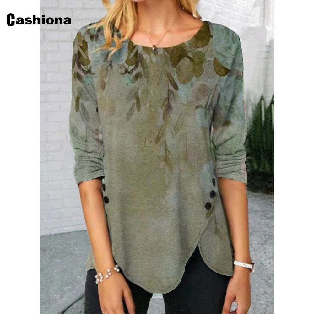 

Cashiona Plus size Women Fashion Basic Top 2021 Bohemian Flower Print T-shirt Femme Pullovers Long-sleeved Irregular Tees Shirts