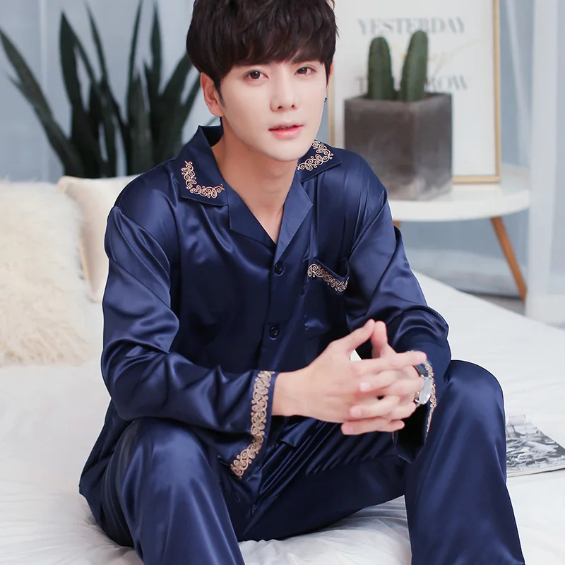 

Plus Size Winter Pajamas Men Sets Spring Long Sleeve Thin Loungewear Couples Pajamas Sets Silk Pijama Hombre Homewear DF50PS